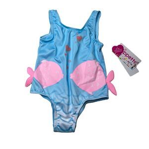 Wippette Girls Blue Fish and Hearts One Piece Swimsuit Size 3T NWT New